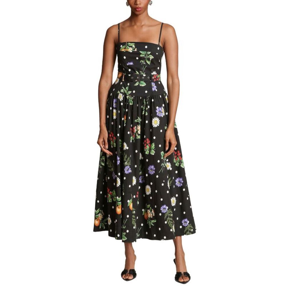 Avec Les Filles Womens Drop Waist Belted Midi Dress 12 Black Scattered Botanical